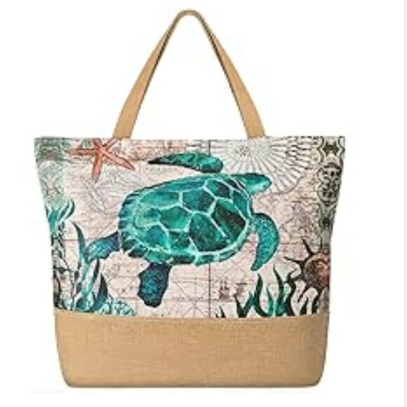 Handbags - Turtle  Beach Bag for Women, Large Beach Tote Bags with Zipper, Woven Straw Tote